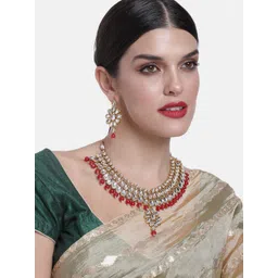 Peora Gold Plated Red Pearl & Kundan Stone Studded Choker Necklace & Earring Set-picture-39