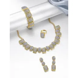 Peora Gold-Plated Silver Crystal Necklace with Drop Earrings Bracelet Finger Ring Jewellery Set-picture-38