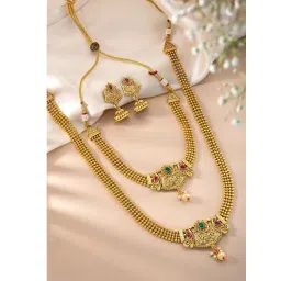 Peora Gold Plated Synthetic Stone & Pearl Peacock Pattern Necklace with Earrings Set-picture-21
