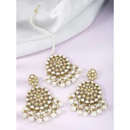 Peora Gold Plated White Kundan Beads Studded Earrings & Maangtikka Set-picture-35