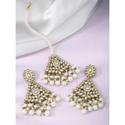 Peora Gold Plated White Kundan Beads Studded Earrings & Maangtikka Set-picture-36