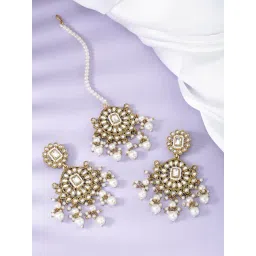 Peora Gold Plated White Kundan Beads Studded Earrings & Maangtikka Set-picture-37