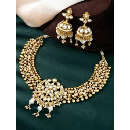 Peora Gold Plated White Kundan Beads Studded Necklace Jhumki Earrings Set-picture-39
