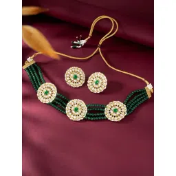 Peora Green Gold-Plated Kundan & Beads Choker Earrings Set-picture-12
