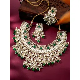 Peora Green Gold-Plated Kundan & Beads Choker Earrings Set-picture-31