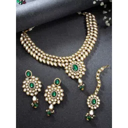 Peora Green Gold-Plated Kundan Studded Necklace Earrings Maangtikka Jewellery Set-picture-22