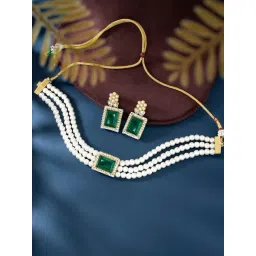 Peora Green - White Gold-Plated Kundan & Beads Choker Earrings Set-picture-14