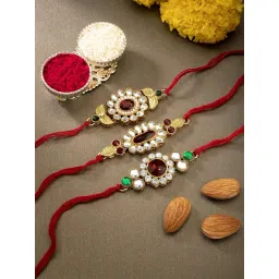 Peora Kundan & Crystal Stone Thread Rakhi with Roli Chawal Greeting Card (Set of 3 Rakhi)-picture-43