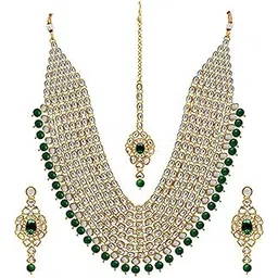 peora Kundan Pearl Maroon Layered Long Jewellery Necklace Set with Earring Maang Tikka Earrings for Women-picture-15