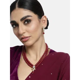 Peora Maroon Gold Plated Kundan Faux Pearl Necklace Jewellery Set-picture-18