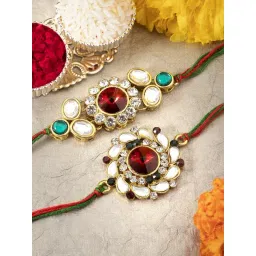Peora Multicolored Kundan & Crystal Stone Rakhi with Roli Chawal Greeting Card (Set of 2 Rakhi)-picture-45