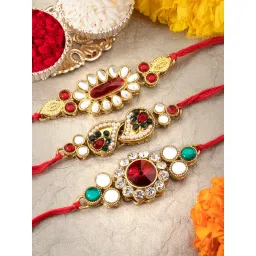 Peora Multicolored Kundan & Crystal Stone Rakhi with Roli Chawal Greeting Card (Set of 3 Rakhi)-image-40