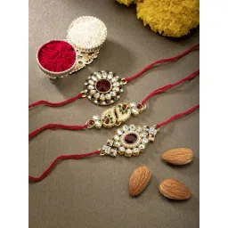 Peora Red Kundan & Crystal Stone Thread Rakhi with Roli Chawal Greeting Card (Set of 3 Rakhi)-picture-41