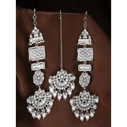 Peora Rhodium White Ethnic Kundan & Lariya Studded Earring & Maangtikka Set-picture-33