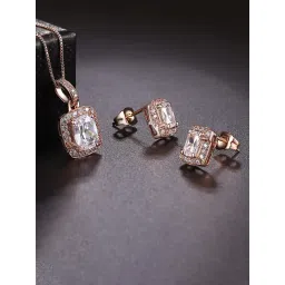 Peora Rose Gold-Plated AD Studded Square Pendant Necklace & Stud Earrings Set-picture-38
