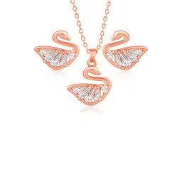 Peora Rose Gold Plated Contemporary Baguette Stone Swan Stud Pendant & Earring-picture-33