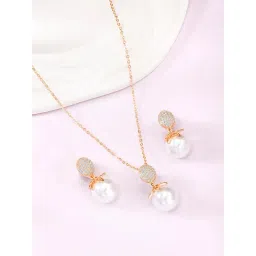 Peora Rose Gold Plated Contemporary CZ Stud Pendant & Earring-picture-41