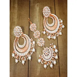 Peora Rose Gold White Ethnic Kundan & Lariya Studded Earring & Maangtikka Set-picture-22