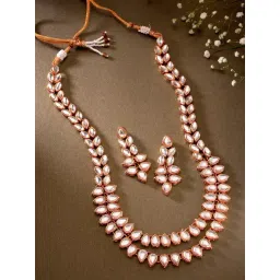 Peora Rose Gold White Ethnic Kundan Studded 2 Layer Necklace & Earring Set-picture-19