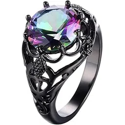 peora Round Cut Black Gold Mystic Big Rainbow Topaz Solitaire Ring Engagement Gift for Women-picture-11