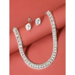 Peora Silver Crystal & Cubic Zirconia Studded Necklace & Earring Set-picture-12