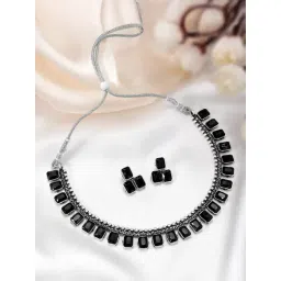 Peora Silver Plated Black Synthetic Stone Studded Choker Necklace Stud Earrings Set-picture-13