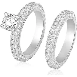 peora Silver Plated Cubic Zirconia Studded Solitaire & Eternity Finger Ring Set Engagement Anniversary Jewellery Gift For Women Girls, Size_7-picture-22