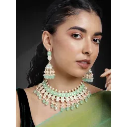 Peora Traditional Mint Green Gold-Plated Kundan & Beads Choker Earrings Set-picture-30