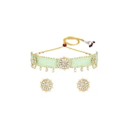 Peora Traditional Mint Green Gold-Plated Kundan Choker Earrings Set-picture-28