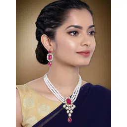 Peora White & Magenta Crystal Pearl Gold Plated Jadau Jewellery Set-picture-15