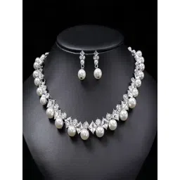 Peora White Crystal & Pearl Studded Necklace & Earring Set-picture-28