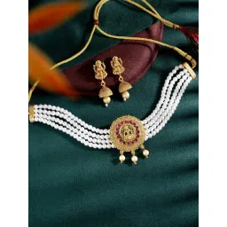 Peora White Gold-Plated Synthetic Stone & Beads Choker Earrings Set-picture-32