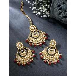 Peora Women Gold-Plated Kundan & Pearl Studded Maang Tikka with Earrings-picture-34