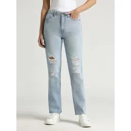 Pepe Jeans Blue Cotton Distressed High Rise Jeans-picture-46