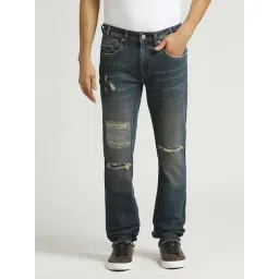 Pepe Jeans Dark Indigo Blue Cotton Slim Fit Distressed Jeans-picture-43