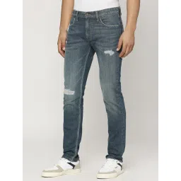 Pepe Jeans Mid Indigo Blue Cotton Slim Fit Distressed Jeans-picture-42