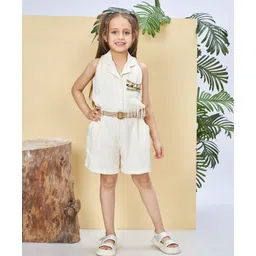 Peppermint Cotton Blend Woven Sleeveless Seashell Embellished Jumpsuit With Belt - Cream-picture-17