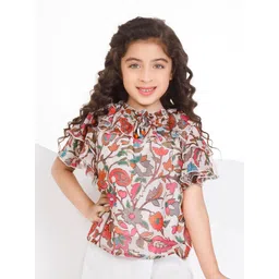 Peppermint Floral Print Tie-Up Neck Flutter Sleeve Chiffon Top-picture-31