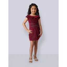 Peppermint Girls Self Design Boat Neck Stone Detail Velvet Sheath Dress-picture-15