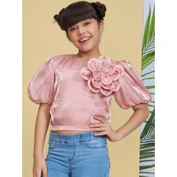 Peppermint Girls Solid Puff Sleeve Applique Crop Top-picture-24