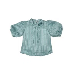 Peppermint Girls Vertical Striped Tie-Up Neck Puff Sleeves Top-picture-10