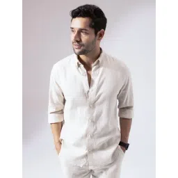 Perch Beige Cotton Slim Solid Casual Shirts-picture-28