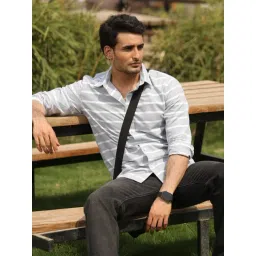 Perch Grey Cotton Slim Fit Striped Shirt-picture-40