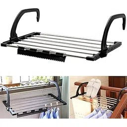 PERDANT Foldable Cloth Drying Rack Towels Clothes Laundry Hangers 6 Rail Bar Holder Stainless Steel Adjustable Cloth Dryer Stand Shoe,Socks Hanging Rack Blacony Window Airer Stand with Clips (Black)-picture-32