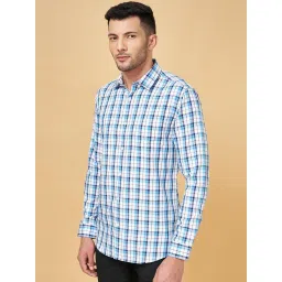 Peregrine by Pantaloons Teal Blue Cotton Slim Fit Checks Shirt image 3