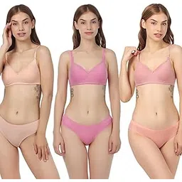 peshe Multi Pack 100% Cotton Full Padded Bra and Seamless Design Panty Set for Women for Girls Adjustable Multi Colour Breathable Fabric-picture-37