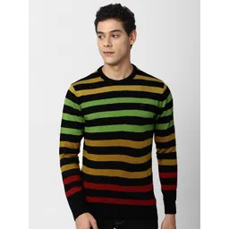 Peter England Casuals Men Black & Green Striped Acrylic Pullover-picture-15