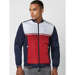 Peter England Casuals Men Navy Blue Colourblocked Crop Bomber Jacket-picture-39