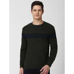 Peter England Casuals Men Olive Green & Blue Striped Pullover-picture-21