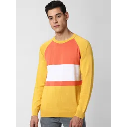 Peter England Casuals Men Yellow & Peach-Coloured Colourblocked Pure Cotton Pullover-picture-43